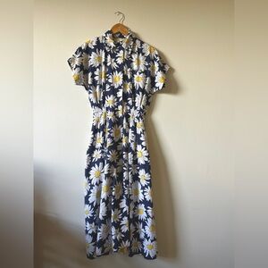 Vintage Floral Daisy Print Cotton Blue Snap Shirtdress Midi